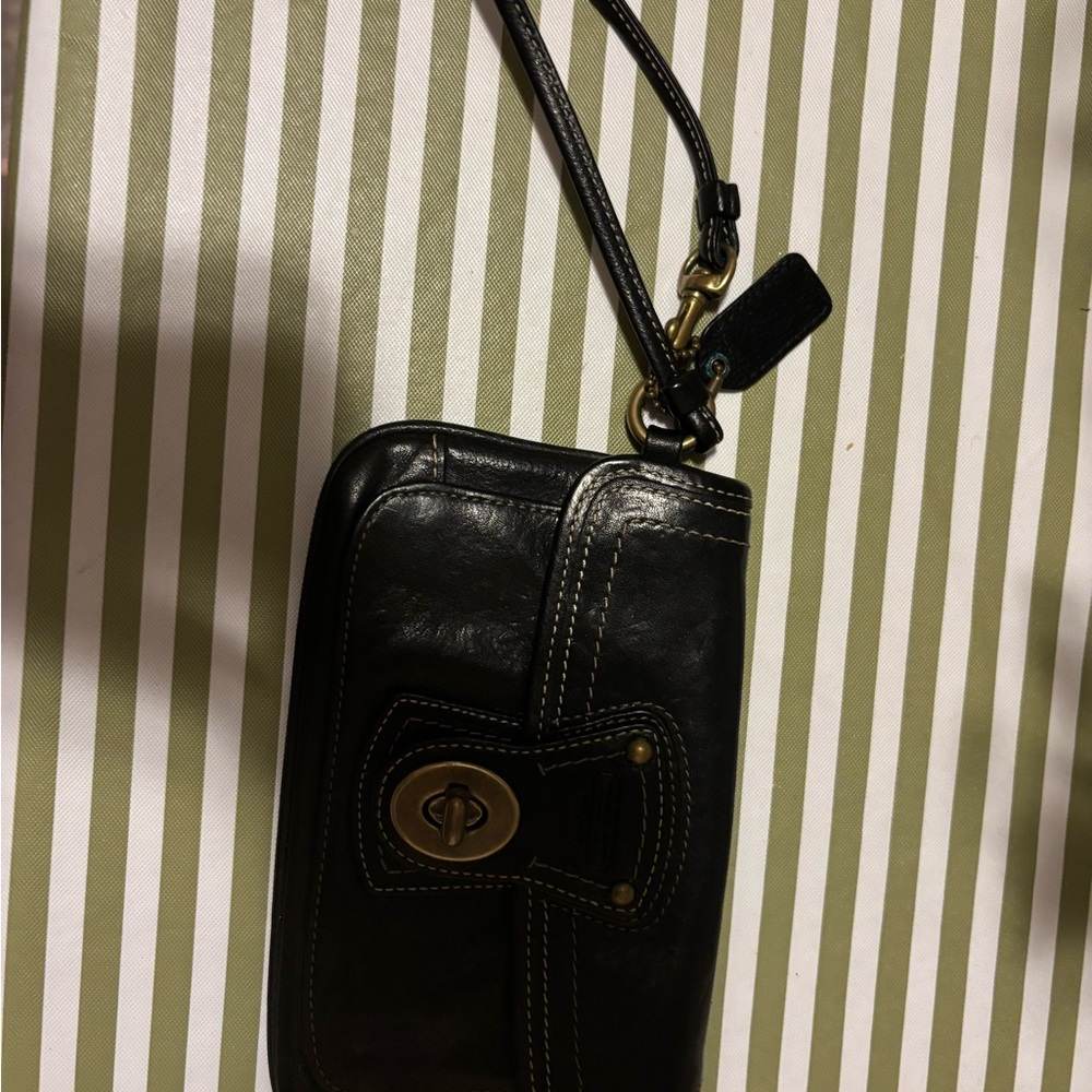Coach Black Leather Clutch with Gold Accents